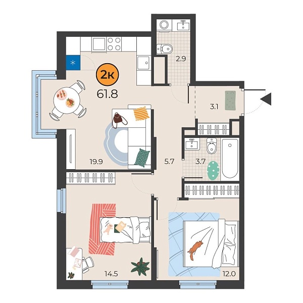 Новая 2-к квартира
 61.8 м² на 2/25 этаже в ЖК «Корней» в городе Тюмень 