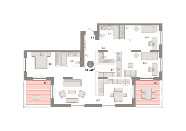 Новая 3-к квартира
 136.42 м² на 17/17 этаже в ЖК «Октябрьский на Туре» в городе Тюмень 