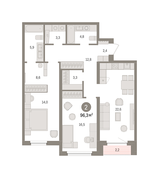 Новая 2-к квартира
 96.27 м² на 8/16 этаже в ЖК «Зарека» в городе Тюмень 