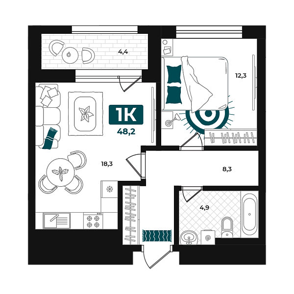 Новая 1-к квартира
 48.2 м² на 5/23 этаже в ЖК «Добро» в городе Тюмень 
