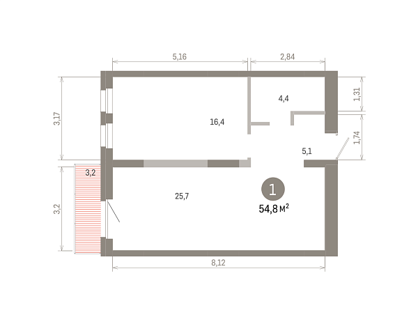 Количество комнат: 1,  54.77 кв.м.