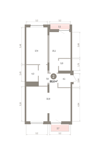 Количество комнат: 2,  88.6 кв.м.
