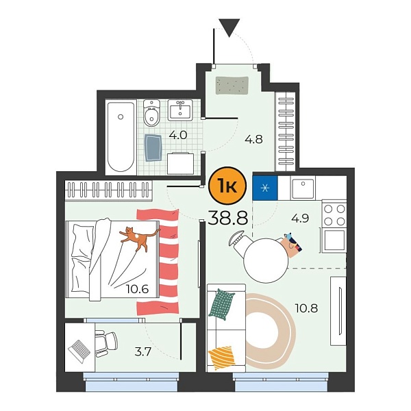 Новая 1-к квартира
 38.8 м² на 21/25 этаже в ЖК «Корней» в городе Тюмень 