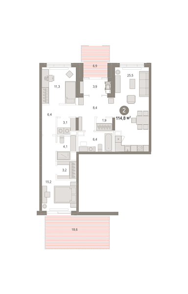 Новая 2-к квартира
 114.83 м² на 1/9 этаже в ЖК «Октябрьский на Туре» в городе Тюмень 