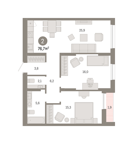 Новая 2-к квартира
 76.67 м² на 17/17 этаже в ЖК «Республики 205» в городе Тюмень 