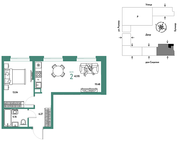Новая 2-к квартира
 42.95 м² на 8/24 этаже в ЖК «Остров-сад» в городе Тюмень 