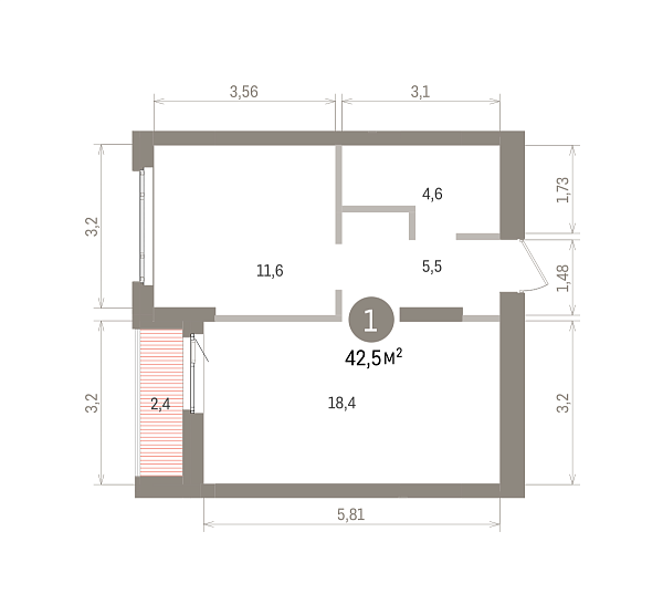 Количество комнат: 1,  42.5 кв.м.