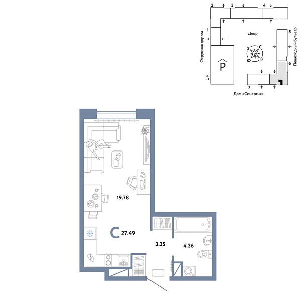 Новая квартира-студия
 27.49 м² на 15/16 этаже в ЖК «Юнион» в городе Тюмень 