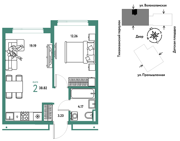 Новая 2-к квартира
 38.82 м² на 13/20 этаже в ЖК «Страна.Прибрежная» в городе Тюмень 