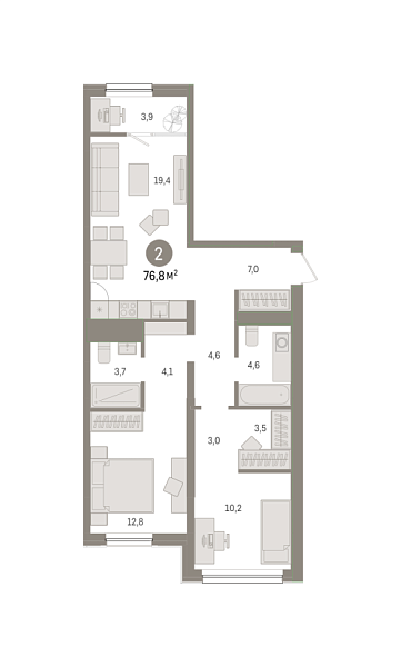 Новая 2-к квартира
 75.84 м² на 7/8 этаже в ЖК «Зарека» в городе Тюмень 