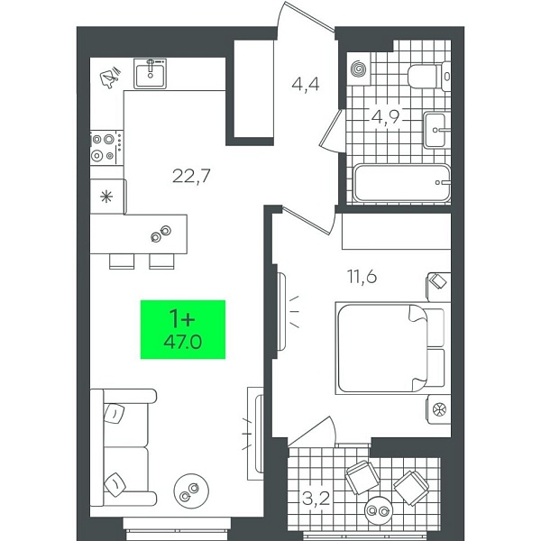 Новая 1-к квартира
 47.04 м² на 3/22 этаже в ЖК «Гранд Квартал» в городе Тюмень 
