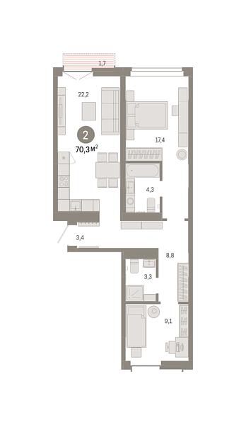 Новая 2-к квартира
 70.27 м² на 8/9 этаже в ЖК «Республики 205» в городе Тюмень 