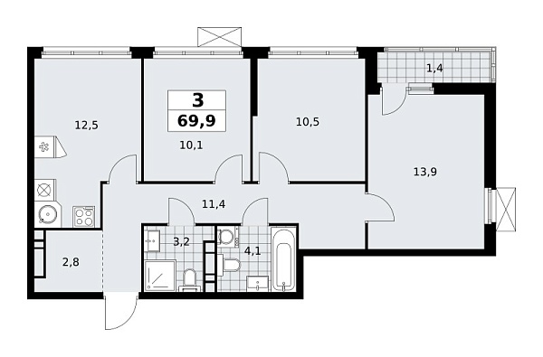 Новая 3-к квартира
 69.9 м² на 10/12 этаже в ЖК «Скандинавия» в городе Тюмень 