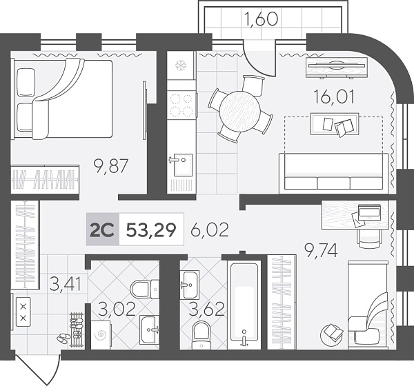 Новая 2-к квартира
 53.29 м² на 11/17 этаже в ЖК «Скандиа. Квартал в Комарово Парк» в городе Тюмень 