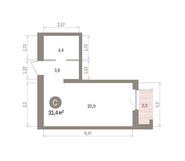 Количество комнат: Студия,  31.43 кв.м.
