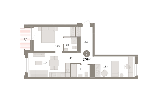 Новая 2-к квартира
 67.6 м² на 8/10 этаже в ЖК «Речной порт» в городе Тюмень 