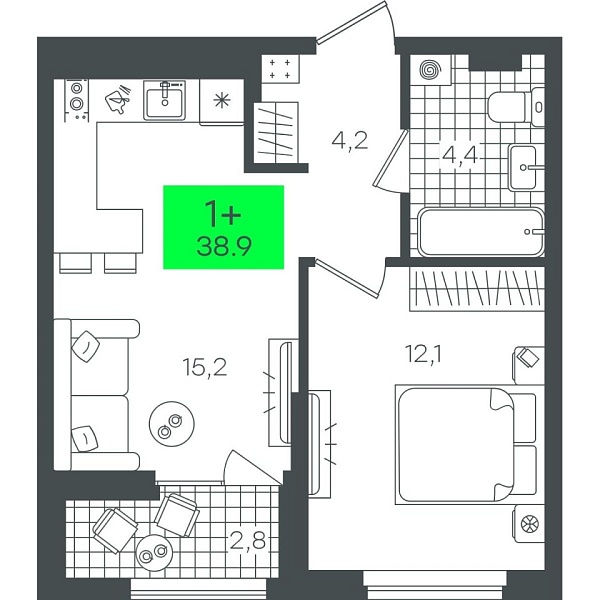 Новая 1-к квартира
 38.93 м² на 5/12 этаже в ЖК «Гранд Квартал» в городе Тюмень 