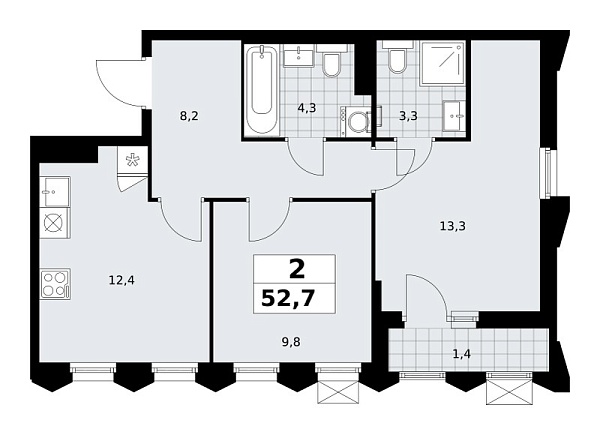 Новая 2-к квартира
 52.7 м² на 11/13 этаже в ЖК «Деснаречье» в городе Тюмень 