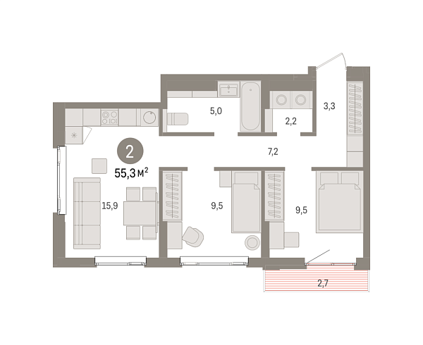 Новая 2-к квартира
 55.3 м² на 13/16 этаже в ЖК «Квартал «Траектория»» в городе Тюмень 