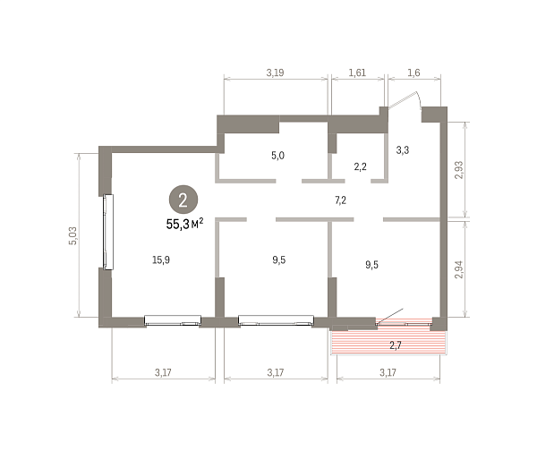 Количество комнат: 2,  55.3 кв.м.