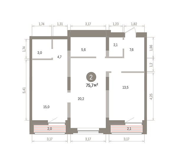 Количество комнат: 2,  76.1 кв.м.