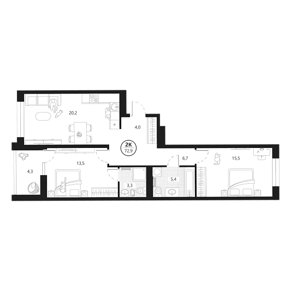 Новая 2-к квартира
 72.9 м² на 5/22 этаже в ЖК «Маэстро» в городе Тюмень 