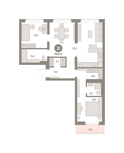 Новая 2-к квартира
 79.93 м² на 8/9 этаже в ЖК «Брусника в Академическом» в городе Тюмень 