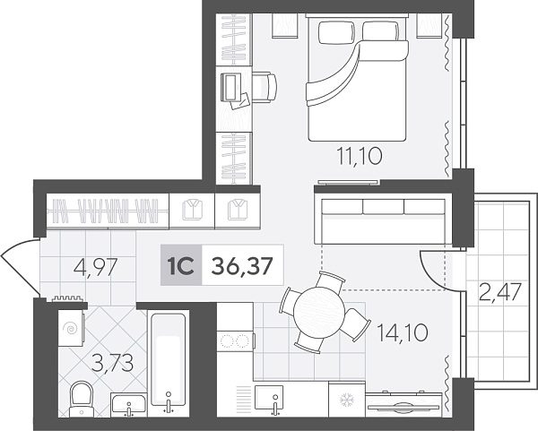 Новая 1-к квартира
 36.37 м² на 2/17 этаже в ЖК «Скандиа. Квартал в Комарово Парк» в городе Тюмень 