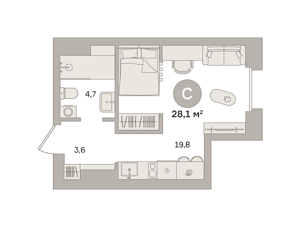 Новая квартира-студия
 27.66 м² на 12/24 этаже в ЖК «Квартал «МОНС»» в городе Тюмень 