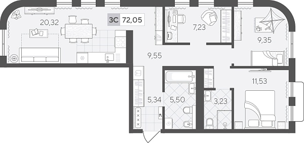 Новая 3-к квартира
 72.05 м² на 5/17 этаже в ЖК «Скандиа. Квартал в Комарово Парк» в городе Тюмень 