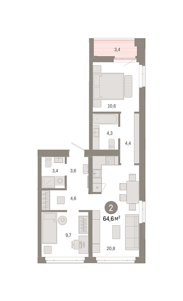 Новая 2-к квартира
 64.6 м² на 7/8 этаже в ЖК «Республики 205» в городе Тюмень 
