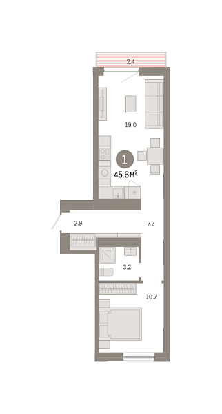Новая 1-к квартира
 45.59 м² на 6/8 этаже в ЖК «Октябрьский на Туре» в городе Тюмень 