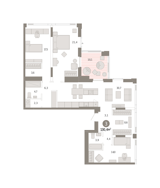 Новая 3-к квартира
 130.36 м² на 25/25 этаже в ЖК «Зарека» в городе Тюмень 