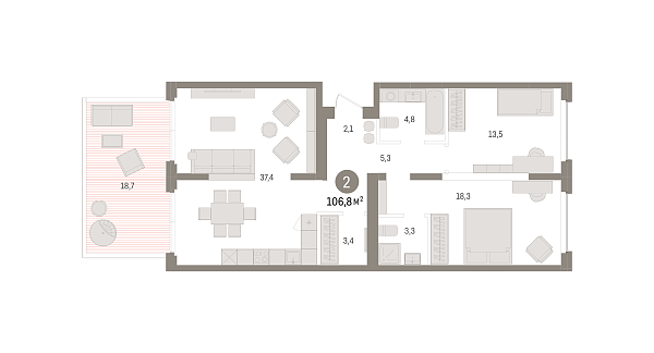 Новая 2-к квартира
 106.82 м² на 2/8 этаже в ЖК «Зарека» в городе Тюмень 