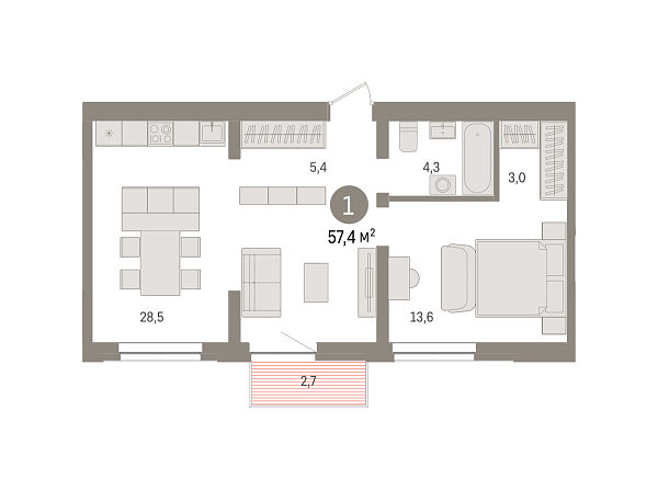 Новая 1-к квартира
 56.9 м² на 6/8 этаже в ЖК «Речной порт» в городе Тюмень 