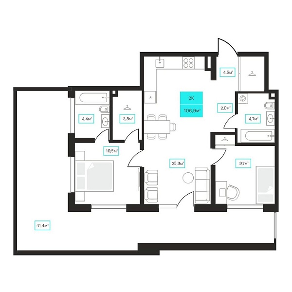 Новая 2-к квартира
 106.9 м² на 2/23 этаже в ЖК «Futuro» в городе Тюмень 