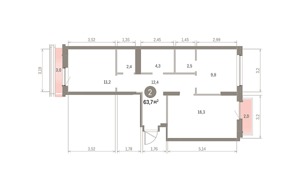 Количество комнат: 2,  63.73 кв.м.