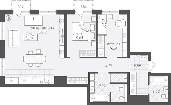 Новая 2-к квартира
 79.53 м² на 5/24 этаже в ЖК «Скандиа. Квартал в Комарово Парк» в городе Тюмень 