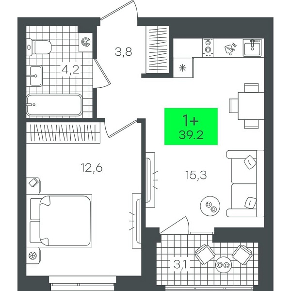 Новая 1-к квартира
 39.24 м² на 8/22 этаже в ЖК «Гранд Квартал» в городе Тюмень 
