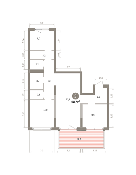 Количество комнат: 3,  90.7 кв.м.