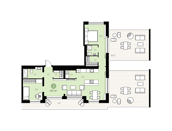 Новая 2-к квартира
 167.59 м² на 10/10 этаже в ЖК «Октябрьский» в городе Тюмень 