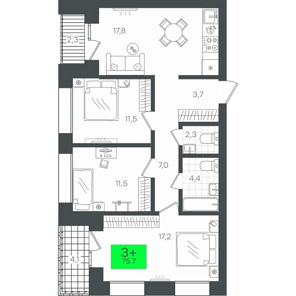Новая 3-к квартира
 82.26 м² на 5/8 этаже в ЖК «Гранд Квартал» в городе Тюмень 