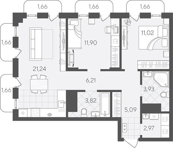Новая 2-к квартира
 74.48 м² на 16/24 этаже в ЖК «Скандиа. Квартал в Слободе» в городе Тюмень 
