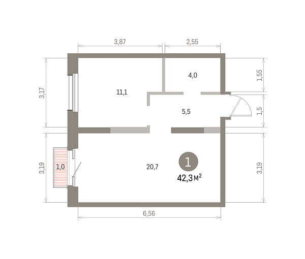 Количество комнат: 1,  42.3 кв.м.