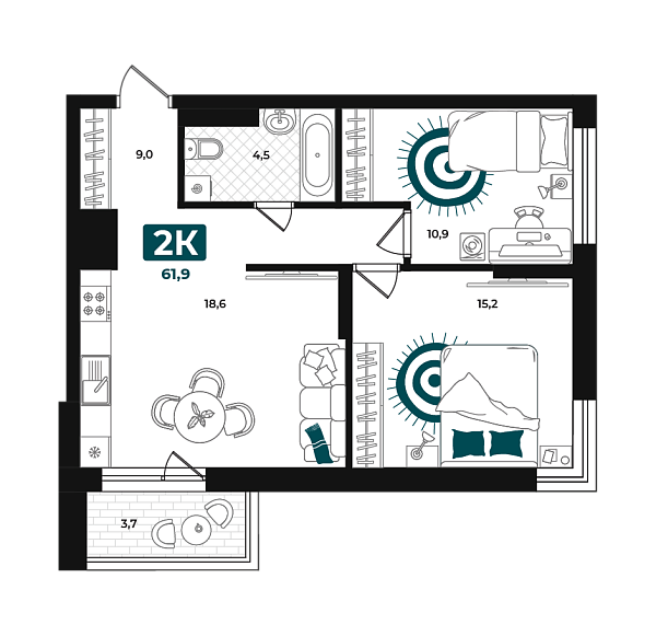 Новая 2-к квартира
 61.9 м² на 5/23 этаже в ЖК «Добро» в городе Тюмень 