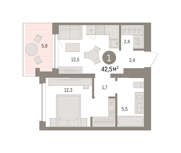 Новая 1-к квартира
 42.47 м² на 2/8 этаже в ЖК «Европейский квартал» в городе Тюмень 
