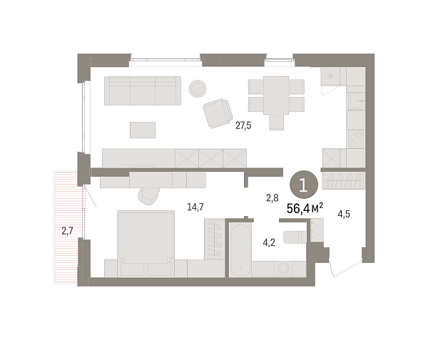 Новая 1-к квартира
 56.4 м² на 10/16 этаже в ЖК «Квартал «Траектория»» в городе Тюмень 