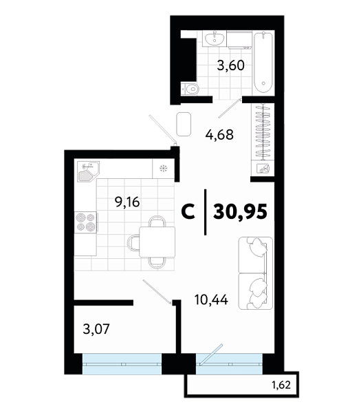 Новая 1-к квартира
 30.95 м² на 16/20 этаже в ЖК «Квартал в Гагаринском парке» в городе Тюмень 