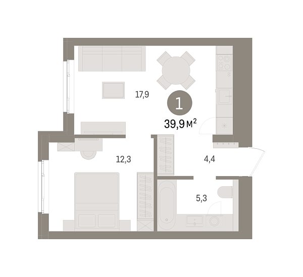 Новая 1-к квартира
 39.87 м² на 3/9 этаже в ЖК «Брусника в Новоселье» в городе Тюмень 