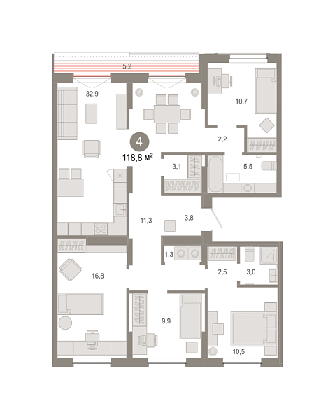 Новая 4-к квартира
 118.83 м² на 8/9 этаже в ЖК «Октябрьский на Туре» в городе Тюмень 